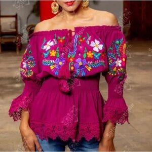 Pink Ruffled Off-Shoulder Blouse with 3/4 Sleeves